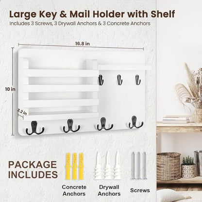 Nekon Mail Holder for Wall Mail Organizer with Key Hooks Hallway Farmhouse Decor Storage Racks with Floating Shelf and Flush Mount Hardware (16.8Inch x 10Inch x 3.2Inch)