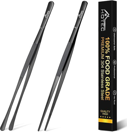 HOTEC Kitchen Tweezers Tongs Stainless Steel Professional Chef Tweezers, Set of 2-12inch Extra-Long Food Tongs for Cooking,Grill and Baking