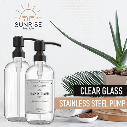 Sunrise Premium 2 Pack Clear Glass Soap Dispenser 16 OZ with Matte Black Stainless Steel Pump, Hand and Dish Soap Dispenser Set for Bathroom and Kitchen Sink with 6 Waterproof Labels