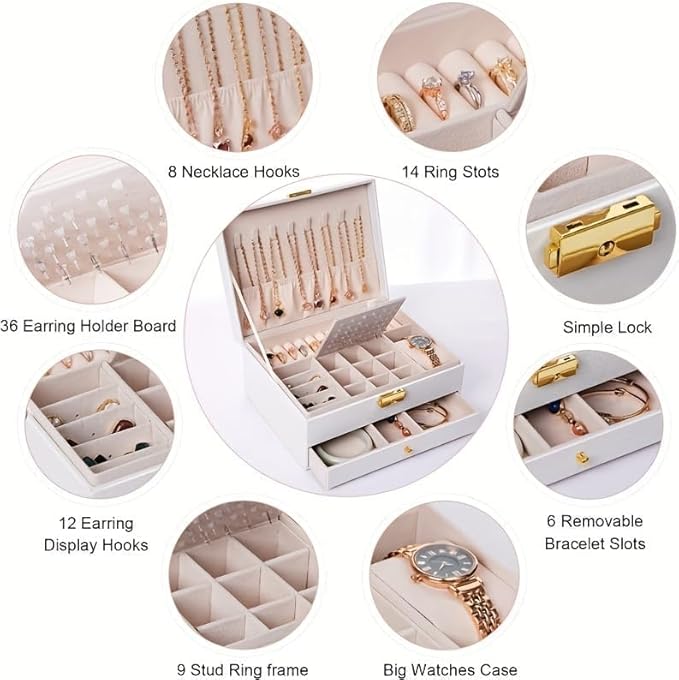 GUOER Jewelry Box for Women Girl Wife - Large PU Leather Jewelry Organizer Storage Case with Two Layers Display for Earrings Bracelets Rings Watches (White)