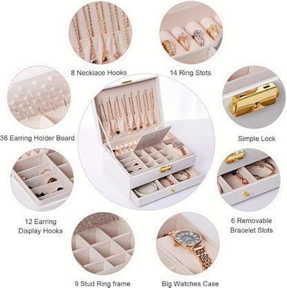 GUOER Jewelry Box for Women Girl Wife - Large PU Leather Jewelry Organizer Storage Case with Two Layers Display for Earrings Bracelets Rings Watches (White)