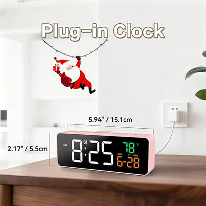 Netzu 3-in-1 Digital Clocks for Living Room with Temperature, Date & Time Display - 4 Levels Birghtness, 3 Volumes, Small & Compact Plug-in Alarm Clock for Bedroom Pink