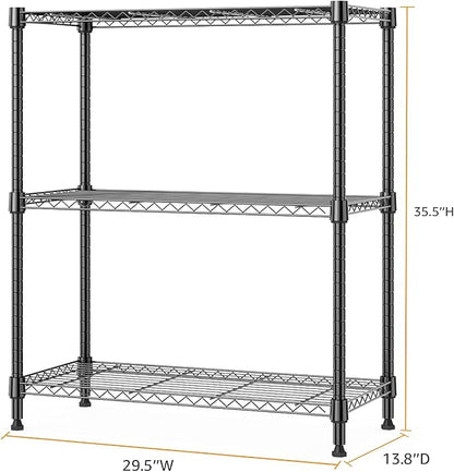 M MZG 750 lbs 3 Tier Storage Rack Metal Wire Shelving Unit, Storage Standing Shelf Organizer for Laundry Bathroom Kitchen Pantry Closet Garage Basement Utility Room, Black 13.8" D x 29.5" W x 35.5" H