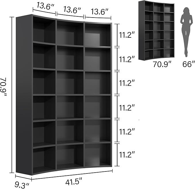 Semoic 71" Curved Bookshelf,Triple Width 6 Tier Bookcase with Storage Cabinet,Modern Tall Bookshelf with 18 Open Display Shelves, Floor Standing Book Shelf for Living Room,Black