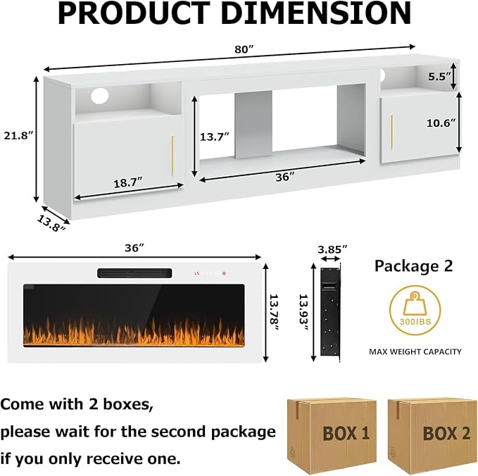PRETZI Fireplace TV Stand with 36" Fireplace Up to 90" TVs, 80" Entertainment Center with LED Lights, Remote Control, TV Media Console with Storage Cabinets for Living Room, White+White