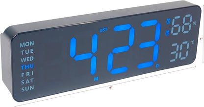 OceeK Digital Wall Clock,Display Big Number Digital Clock,Color Modern Electric Small Silent Wall Clock 9", Black Frame Blue Big Digits