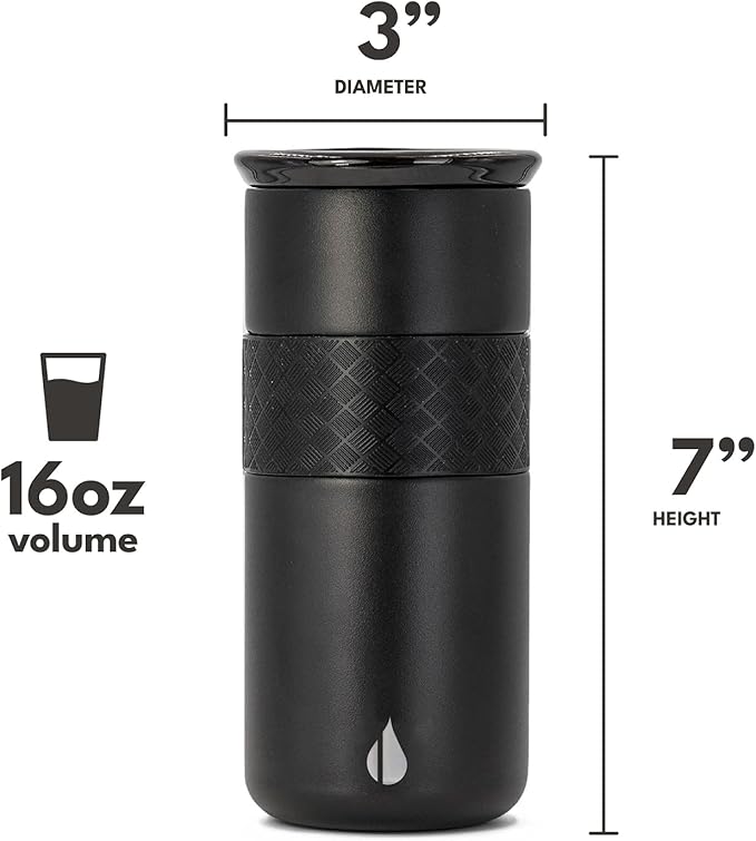 Elemental Artisan Inner Ceramic Coating Tumbler, Triple Wall Coffee Travel Mug, Reusable Stainless Steel Coffee Tumbler with Ceramic Lid for Hot (6 Hrs) & Cold (18 Hrs), 16oz - Black