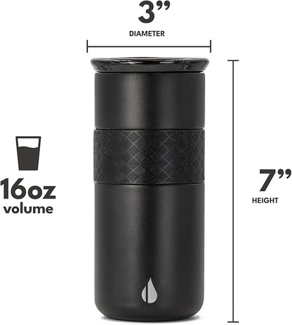 Elemental Artisan Inner Ceramic Coating Tumbler, Triple Wall Coffee Travel Mug, Reusable Stainless Steel Coffee Tumbler with Ceramic Lid for Hot (6 Hrs) & Cold (18 Hrs), 16oz - Black