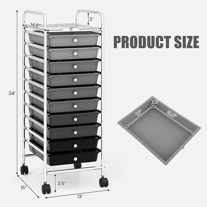 MEDIMALL 10 Drawers Rolling Storage Cart, Multipurpose Craft Storage Cart with Wheels, Mobile Tools Scrapbook Paper Organizer Cart for Office School Home Use
