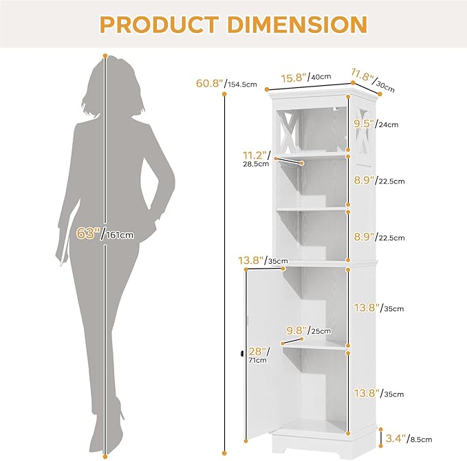 Narrow Bathroom Storage Cabinet with Door and Open Adjustable Shelves, 60.9" H Wooden Tall Tower Corner Farmhouse Cabinet, Freestanding Organizer for Kitchen, Entryway White