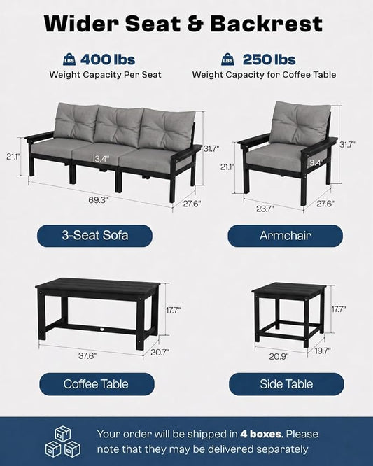 37.6 Inch HDPE Patio Coffee Table, Weather-Resistant Outdoor Coffee Table Easy Assembly for Lawn, Garden, Balcony, Deck (Black Frame)