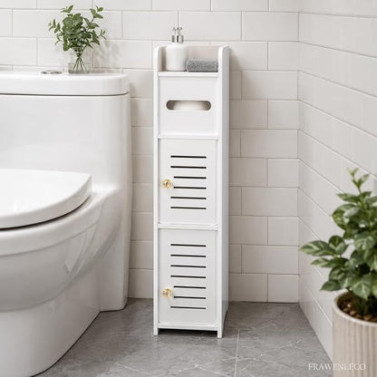 Toilet Paper Holder Stand with Storage Cabinet, Slim Floor Standing Shelf, White, 5.9" D x 5.9" W x 31.5" H, for Small Bathroom Spaces
