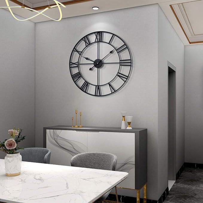 LEIKE Large Wall Clock, 24" Completely Silent, Non Ticking, Battery-Operated,Rustic Round Modern Metal Wall Clock Decor for Living Room, Bedroom and Kitchen, (60cm, Black-Roman Number)