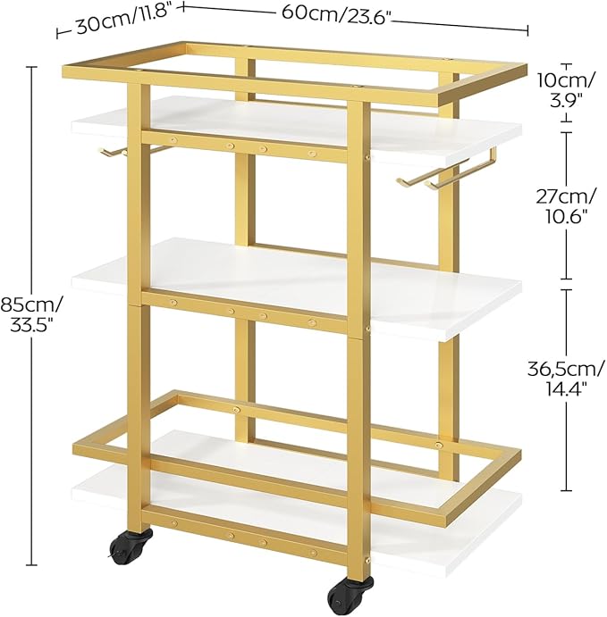 3 Tier Bar Cart, Home Bart Serving Cart with Glass Holders, Rolling Beverage Cart, Mobile Kitchen Shelf, for Home, Garden, Party, Gold BC19DW