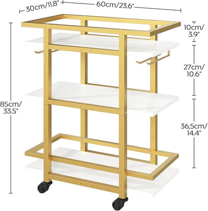3 Tier Bar Cart, Home Bart Serving Cart with Glass Holders, Rolling Beverage Cart, Mobile Kitchen Shelf, for Home, Garden, Party, Gold BC19DW