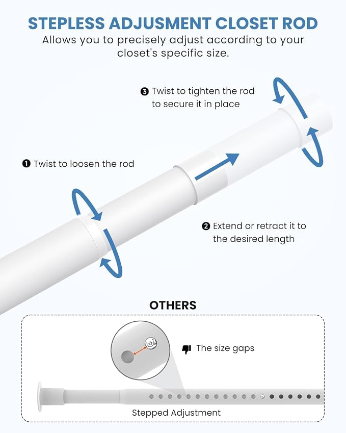 Supforce 3 PACK Closet Rods for Hanging Clothes, 17 to 54 Inches Stepless Adjustable Metal Closet Rod, 1.3 Inches Heavy Duty Clothes Hanging Rod for Closet Wardrobes Laundry RV, White