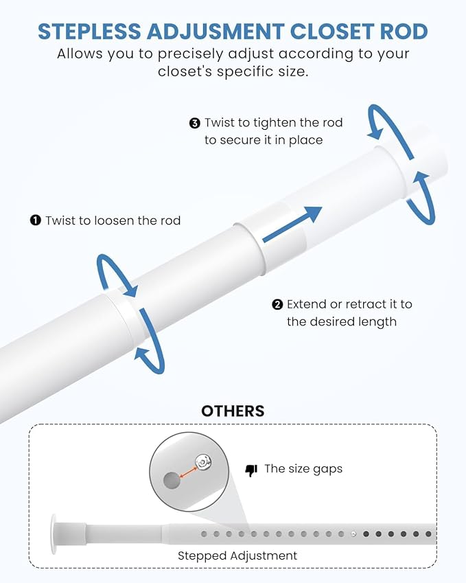 Supforce 2 PACK Closet Rods for Hanging Clothes, 17 to 54 Inches Stepless Adjustable Metal Closet Rod, 1.3 Inches Heavy Duty Clothes Hanging Rod for Closet Wardrobes Laundry RV, White