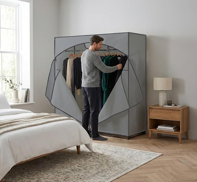 HOLDN’ STORAGE Portable Wardrobe Closet - 65 lb Large Capacity, Internal Heavy Duty Metal Rod, Zipper & Clear Window, Durable Clothes Organizer, Tool-Free Easy Assembly, Dark Gray Canvas Cover