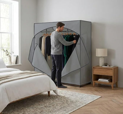 HOLDN’ STORAGE Portable Wardrobe Closet - 65 lb Large Capacity, Internal Heavy Duty Metal Rod, Zipper & Clear Window, Durable Clothes Organizer, Tool-Free Easy Assembly, Dark Gray Canvas Cover