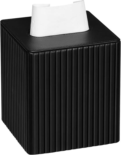 MEIBOOCH PU Leather Tissue Box Cover Square Tissue Box Holder with Magnetic Closure (Black Stripe)