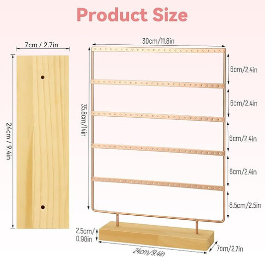 Earring Holder Organizer, 5-Tier Earring Organizer with 60-Pair Capacity, Wooden Base Metal Earring Display, Jewelry Storage & Display for Home Store, Suitable for Women