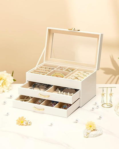 Jewelry Box with 2 Drawers: Display Organizer for Earrings Necklaces - Gift for Girls Women (White)