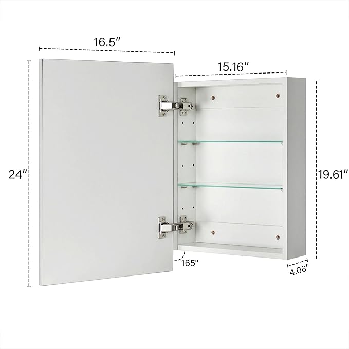 TEHOME 16.5'' x 24'' Polished Nickel Recessed and Surface Mount Bathroom Medicine Cabinet with Mirror Square Cornered Metal Framed Rounded Rectangle Medicine Cabinet Mirror