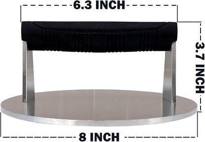 Stainless Steel Burger Smasher 3.25 LB – 8 Inch Steak Weight for Smash Burgers, Bacon, Sandwiches | Dishwasher Safe, Preheatable Protein Press with Silicone Handle | Commercial BBQ Tool