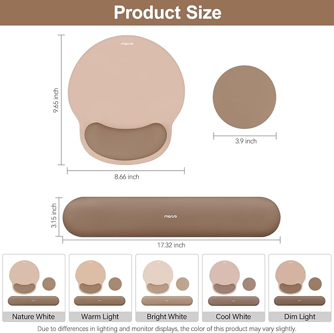 MOSISO Wrist Rest Support for Mouse Pad&Keyboard Set, Circle Curved Ergonomic Mousepad&Coaster Non-Slip Base Home/Office Pain Relief&Easy Typing Pad with Soft Cloth&Silicone Lining, Mocha