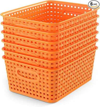 WYT 6-Pack Plastic Small Shelf Storage Weave Baskets Organizing for Cabinets and Pantries, Orange