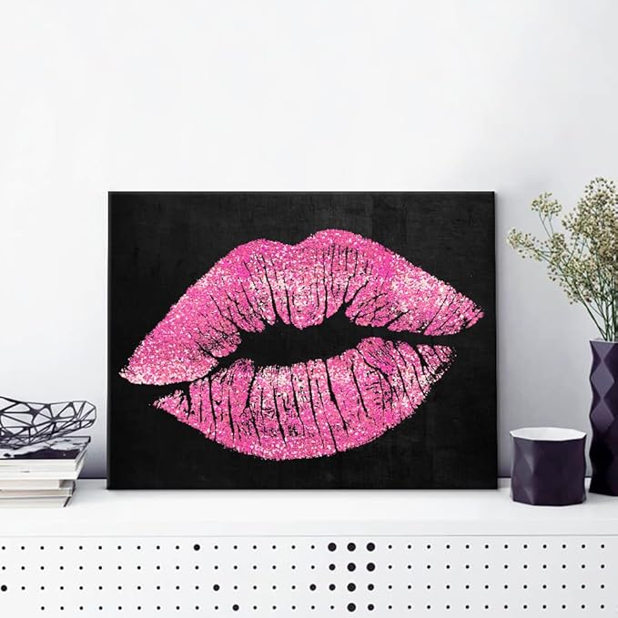 7CANVAS Black and Pink Lips Canvas Wall Art Fashion and Glam Poster Sexy Lip Picture Gallery Wrap for Bathroom Bedroom Makeup Room Wall Decor 24x18Inch