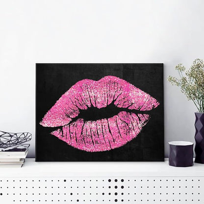 7CANVAS Black and Pink Lips Canvas Wall Art Fashion and Glam Poster Sexy Red Lip Picture Gallery Wrap for Bathroom Bedroom Makeup Room Wall Decor 16x12Inch