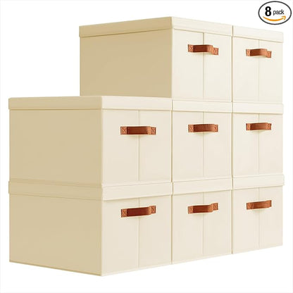 Homsorout Storage Bins with Lids - Large Fabric Closet Bins with Lid, 8 Pack Clothes Organizers and Storage, Collapsible Stackable Cube Basket for Home, Office, Dorm, Beige