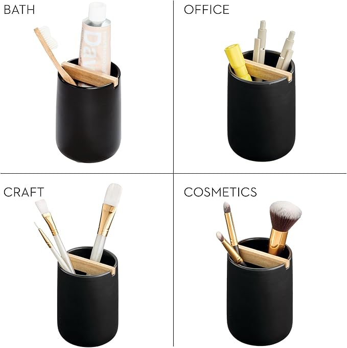 iDesign Toothbrush Holder with Removable Wood Divider for Bathroom Countertops - Matte Black