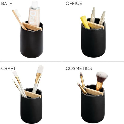 iDesign Toothbrush Holder with Removable Wood Divider for Bathroom Countertops - Matte Black