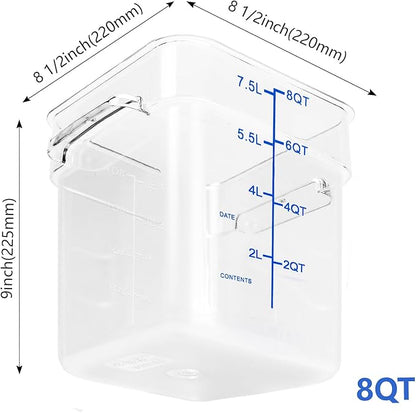 4 Pack Food Storage Containers with Blue Lids, 8.0 Qt - Square, Clear, Polycarbonate, for Restaurant Commercial Kitchen and Home party