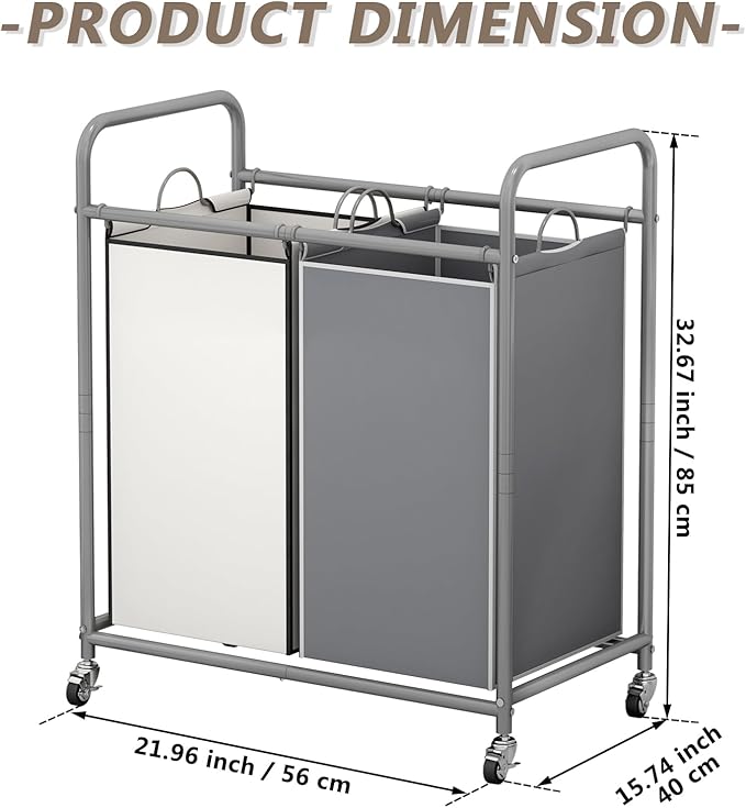 SUOERNUO Laundry Sorter Basket 2 Bag Laundry Hamper Cart with Rolling Lockable Wheels and Removable Bags Laundry Organizer Cart for Clothes Storage (Grey+Beige, 2 Bags)