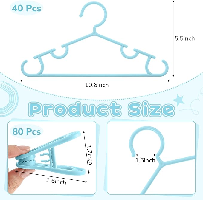 Hsei 5/10/40 Pack Baby Hangers with 10/20/80 Clips, Plastic Kids Pants Hangers for Nursery Closet Top and Bottom Clothes Hanger Set for Newborn Infant Toddler(120 Packs Total,Sky Blue,10.6 Inch)