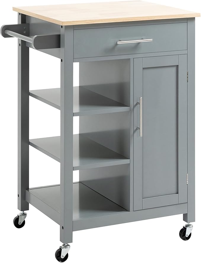 HOMCOM Kitchen Island Cart, Rolling Kitchen Island with Storage Shelf, Solid Wood Top, Drawer, for Dining Room, Gray