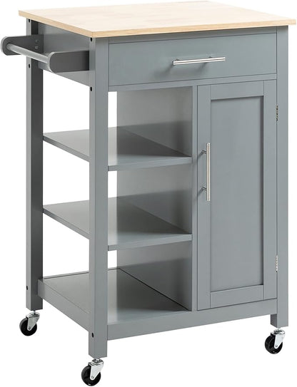 HOMCOM Kitchen Island Cart, Rolling Kitchen Island with Storage Shelf, Solid Wood Top, Drawer, for Dining Room, Gray