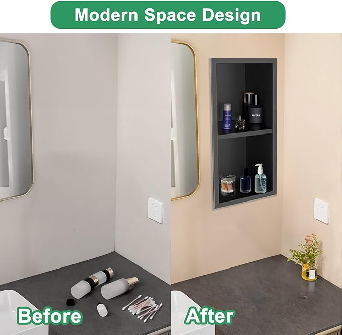 SaniteModar Shower Niche, Stainless Steel Shower Niche 12" X 24" No Tile Needed, Recessed Niche Shower for Bathroom Storage, Matte Black Double (Matte Black, 12x24,Double)
