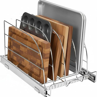 HOLDN’ STORAGE Pull Out Organizer for Bakeware, Cutting Board and Trays, Adjustable Dividers - Heavy Duty, Lifetime Limited Warranty - For Narrow Cabinet Spaces, 14.5”W x 21”D x 11”H, Chrome