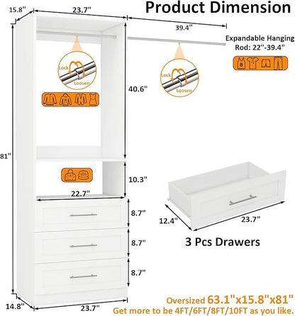 Closet Organizer System with Drawers, Shelves, Hanging Rods(VO-009)