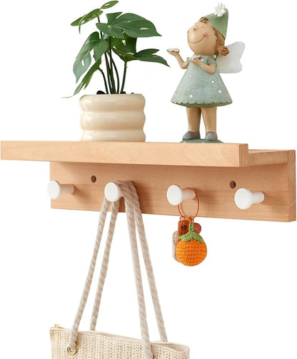 Beech Wood Coat Rack Shelf Wall Mounted, Wooden Wall Hooks with Shelves, Entryway Shelf with 4 Hooks for Hanging Clothes Hats Towel for Bathroom, Living Room, Bedroom (Natural, 19 inches)