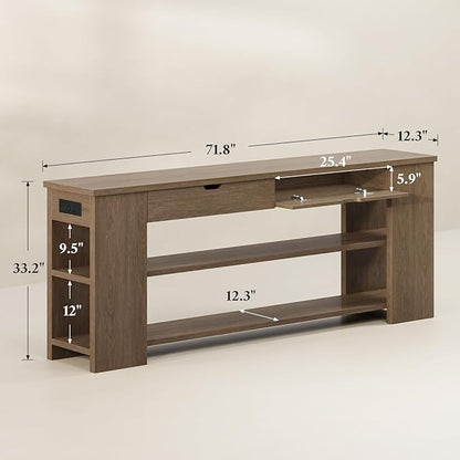 71.8" Extra Long Console Table, Farmhouse Sofa Table with Generous Storage and Built-in Outlet, Sturdy Entryway Table for Living Room, Entrance, Hallway, Foyer, Brown