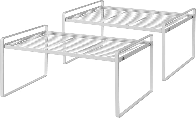 Shantton 2Pack Kitchen Cabinet Shelf Counter Organizer Rack Pantry Storage Bathroom Bedroom Office Table Desk Space Saving Stackable Rust Resistant Non Slip White Wide L16.1in W10.6in H7.3in