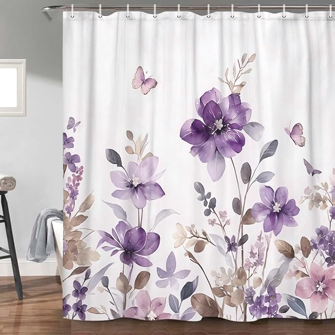 Purple Floral Shower Curtain, Purple Lavender Floral Butterfly Boho Shower Curtains for Bathroom, Farmhous Flower Cute Fabric Shower Curtain Set with 12PCS Hooks, 70X70IN