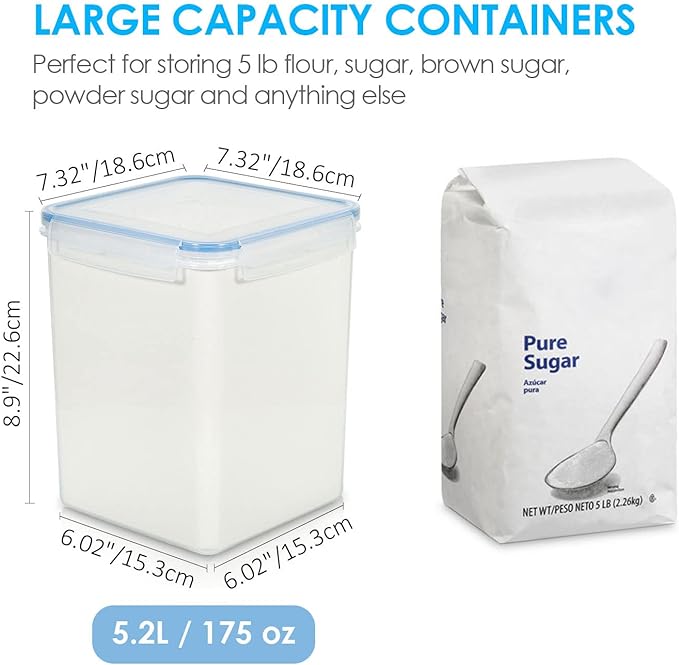 Vtopmart Large Food Storage Containers 5.2L / 175oz, 4 Pieces BPA Free Plastic Airtight Canisters for Flour, Sugar, Baking Supplies, Rice with Lids, 4 Measuring Cups and 24 Labels, Blue (Pack of 2)