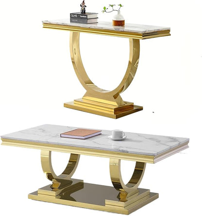 2 Piece Living Room Table Set Include 1 Faux Marble Coffee Table & 1 Console Table, Modern White Gold Coffee Table Set of 2 with Double O Shape Stainless Steel Pedestal Base