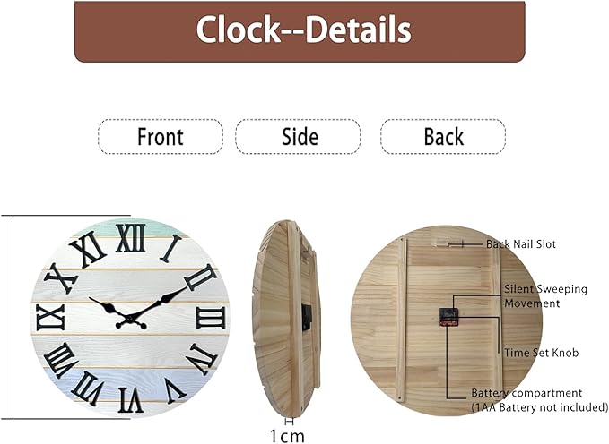 Round Grey Farmhouse Wall Clocks Battery Operated Analog Solid Wood Wall Clocks for Living Room Decor 12 Inch Quiet Wall Clock Non Ticking